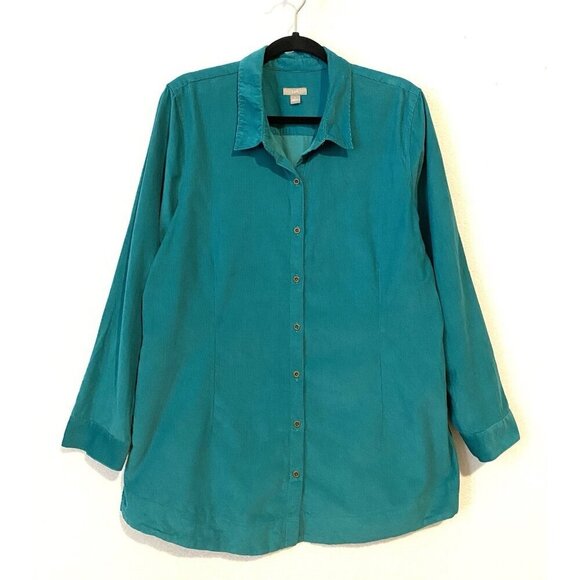 J Jill Top Womens Large Green Corduroy Tunic Button Up Long Sleeve Lightweight - Picture 1 of 7